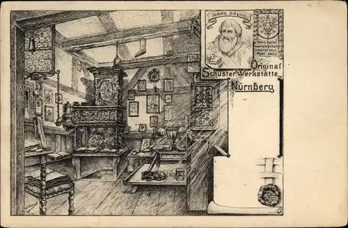 Künstler Ak Drechsel, Carl, Nürnberg in Mittelfranken Bayern, Schuster Werkstätte, Hans Sachs 
