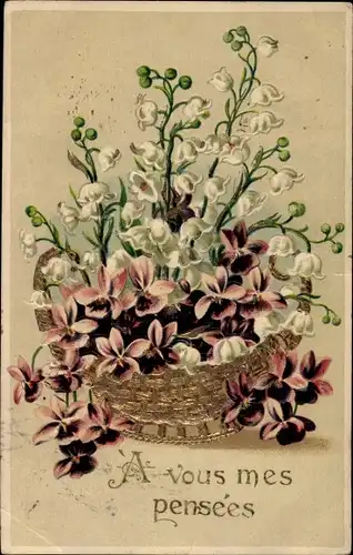 Präge Litho A vous mes pensées, Veilchen und weiße Blumen in einem Korb