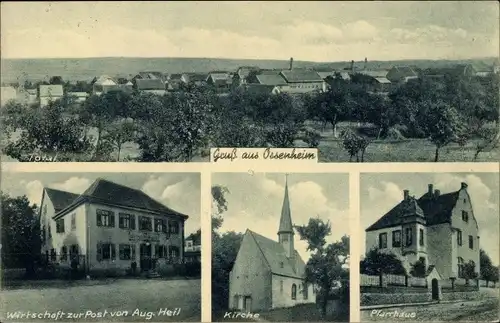 Ak Ossenheim Friedberg im Wetteraukreis Hessen, Wirtschaft zur Post von Aug. Heil, Kirche, Pfarrhaus