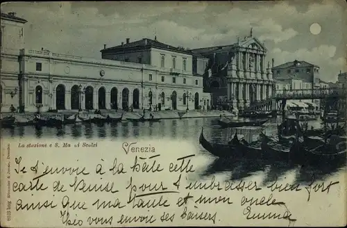 Mondschein Ak Venezia Venedig Veneto, La stazione e S. Ma. di Scalzi, Bahnhof, Gondeln
