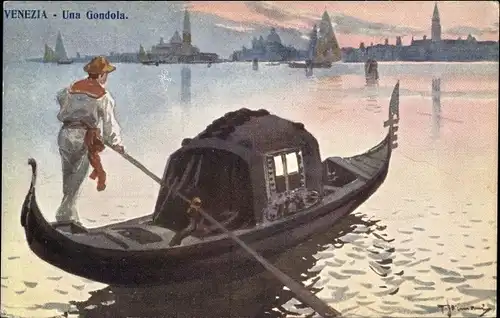 Künstler Ak Venezia Venedig Veneto, Una Gondola, Gondel auf dem Wasser, Blick zur Stadt