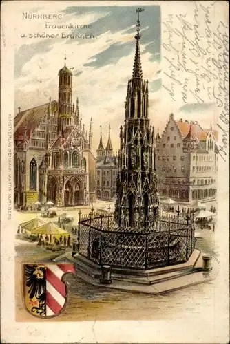 Wappen Litho Nürnberg in Mittelfranken Bayern, Frauenkirche und schöner Brunnen