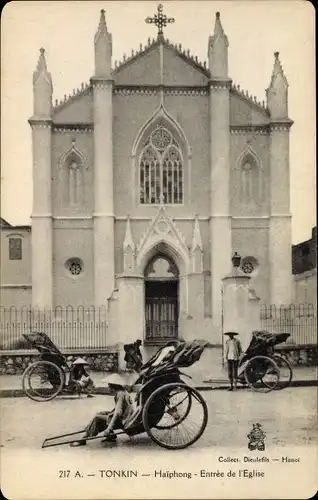 Ak Hai Phong Tonkin Vietnam, Eingang zur Kirche Rikscha Fahrer