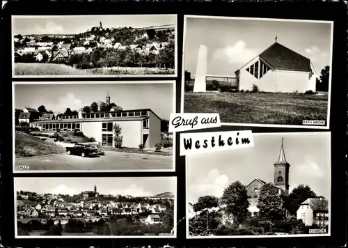 Ak Neckarwestheim in Baden Württemberg, Stadtansichten, Schule, Kirche, Panorama vom Ort