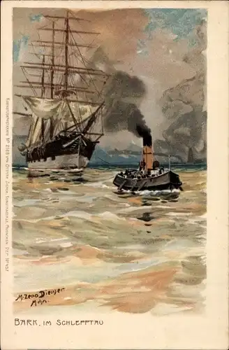 Künstler Litho Diemer, Zeno, Bark im Schlepptau, Segelschiff, Schleppschiff, Zieher