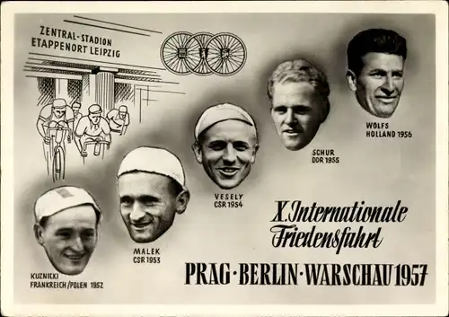 Ak X. Internationale Friedensfahrt, Prag-Berlin-Warschau 1957, Kuznicki, Malek, Vesely, Schur, Wolfs