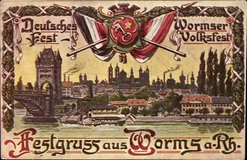 Wappen Ak Worms in Rheinland Pfalz, Volksfest, Deutsches Fest, Flusspartie mit Blick auf die Stadt