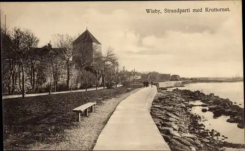 Ak Visby Wisby Schweden, Strandparti med Kruttornet