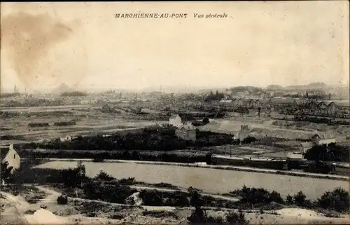 Ak Marchienne au Pont Wallonien Hennegau, Panorama vom Ort, Bahnstrecke