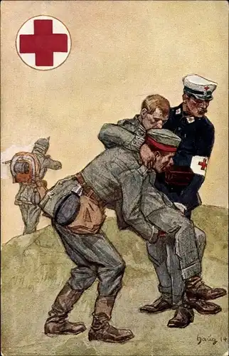 Künstler Ak Haug, Württ. Landesvereins v. Roten Kreuz 1914, Sanitäter, Verwundeter Soldat