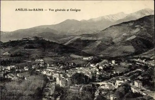 Ak Amelie les Bains Pyrénées Orientales, Vue generale et Canigou, Ortschaft mit Landschaftsblick