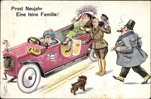 Künstler Ak Scheuermann, Willi, Prost Neujahr, Eine feine Familie, Auto, Chauffeur