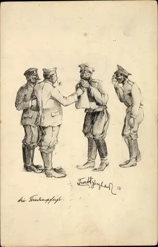 Künstler Ak Die Friedenspfeife, Deutsche Soldaten, Russische Kriegsgefangene,, I. WK