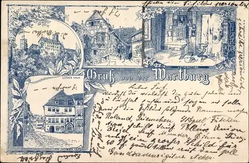 Litho Lutherstadt Eisenach in Thüringen, Burghof, Luther Haus und Stube, Wartburg