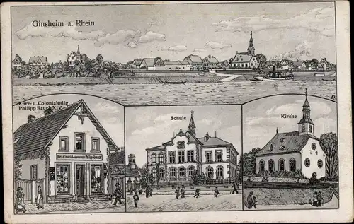 Künstler Ak Ginsheim in Hessen, Kolonialwaren Philipp Rauch, Schule, Kirche, Panorama vom Ort