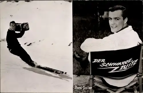 Ak Schauspieler und Skirennläufer Toni Sailer, Portrait auf Skiern mit Akkordeon, Der schwarze Blitz