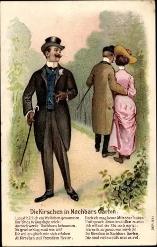 Präge Litho Die Kirschen in Nachbars Garten, Paar beim Spaziergang, Mann mit Zigarette