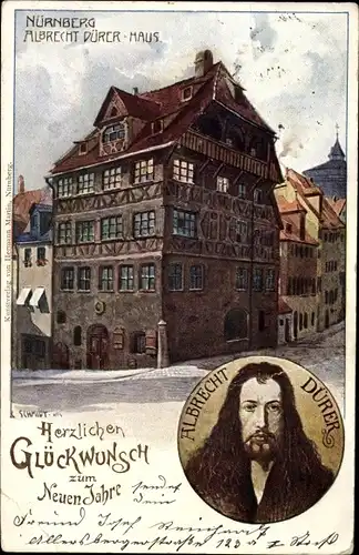 Künstler Ak Schmidt, Nürnberg in Mittelfranken Bayern, Albrecht Dürer Haus, Portrait von A. Dürer