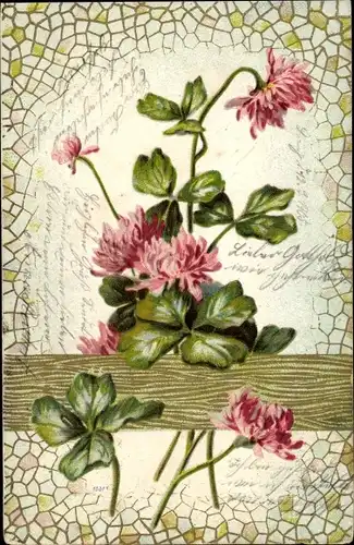 Präge Litho Kleeblätter und rosa Kleeblüten