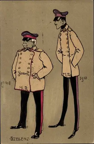 Litho Exzellenz, Kleiner dicker und großer dünner Soldat in Uniform, Offiziere