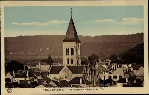 Ak Vailly sur Aisne, Vue générale, Centre de la Ville, Kirchturm