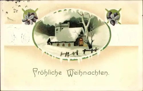 Präge Litho Glückwunsch Weihnachten, Veilchenblüten, verschneite Kirche