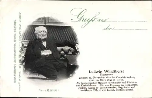 Ak Ludwig Windthorst, Deutscher, römisch katholischer Politiker, Sitzportrait, 1812-1891