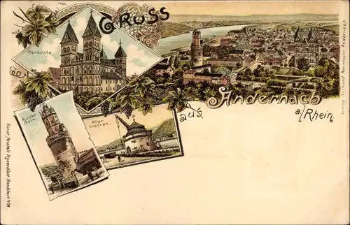 Litho Andernach im Landkreis Mayen Koblenz, Runder Turm, Pfarrkirche, Alter Kran, Panorama vom Ort