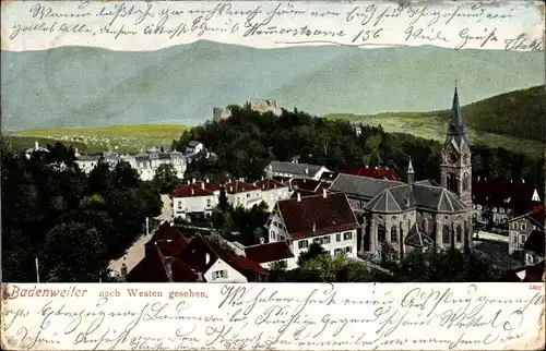 Ak Badenweiler im Kreis Breisgau Hochschwarzwald, Stadt nach Westen gesehen, Kirche