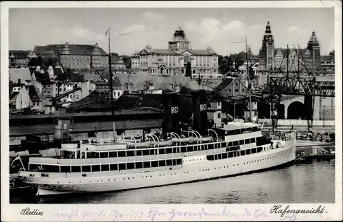 Ak Szczecin Stettin Pommern, Hafenansicht, Dampfschiff, Teilansicht der Stadt