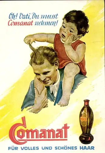 Künstler Ak Reklame Comanat für volles und schönes Haar, Kind auf Vaters Schulter, Bestellkarte