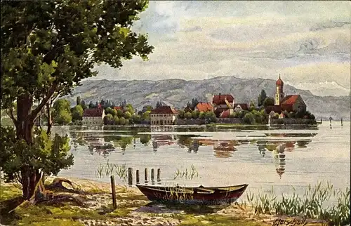 Künstler Ak Marschall, J., Wasserburg am Bodensee Schwaben, Boot, Kirche