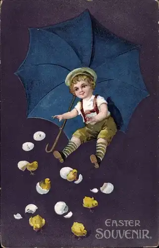 Präge Litho Glückwunsch Ostern, Küken schlüpfen aus Eiern, Junge mit Regenschirm