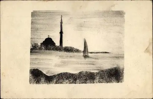 Handgemalt Ak Flusspartie mit Fernblick zu einer Moschee, Minarett, Segelboot