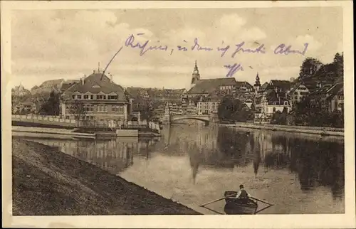 Ak Tübingen am Neckar Baden Württemberg, Flusspartie, Häuser, Ruderboot, Kirchturm