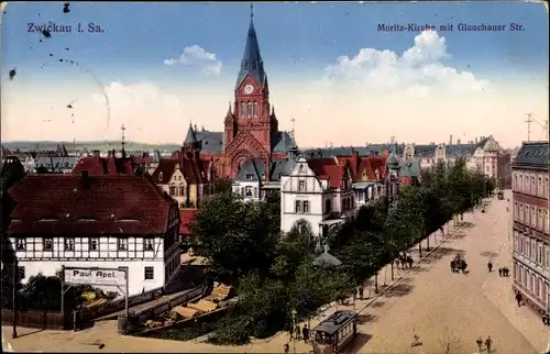 Ak Zwickau in Sachsen, Blick über die Glauchauer Straße auf die Moritzkirche, Großhandel Paul Apel
