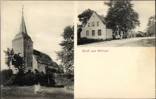 Ak Midlum Wurster Nordseeküste Landkreis Cuxhaven, Kirche, Straßenpartie im Ort