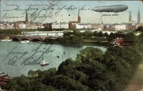 Ak Hamburg Mitte, Lombardsbrücke mit Stadt, Zeppelin Viktoria Luise