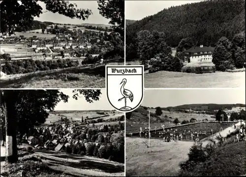 Wappen Ak Wurzbach im Saale Orla Kreis, Blick auf Ortschaft und Umgebung, Friebad, Bahnhof
