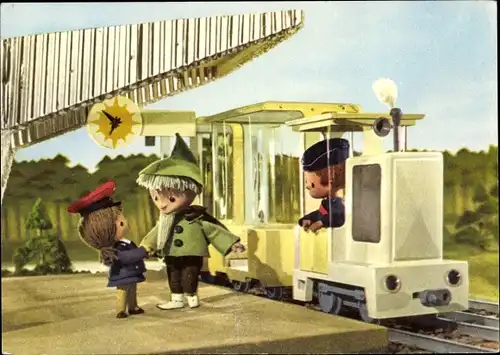 Ak Unser Sandmännchen, Sandmann, DDR Kinderfernsehen, Sandmännchen auf dem Bahnhof, Eisenbahn