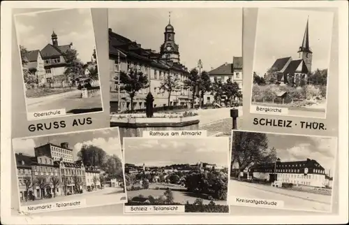 Ak Schleiz im Vogtland Thüringen, Rathaus am Altmarkt, Bergkirche, Kreisratgebäude, Neumarkt