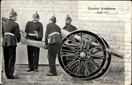 Ak Deutsche Artillerie, Protzt ab, Geschütz wird vom Train abgenommen, I. WK