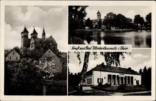 Ak Bad Klosterlausnitz in Thüringen, Klosterkirche, Moorbad, Uferpartie am See