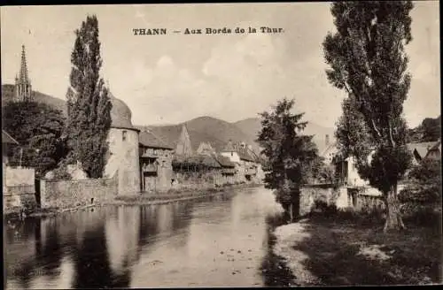 Ak Thann Elsass Haut Rhin, Aux Bords de la Thur, Wasserpartie