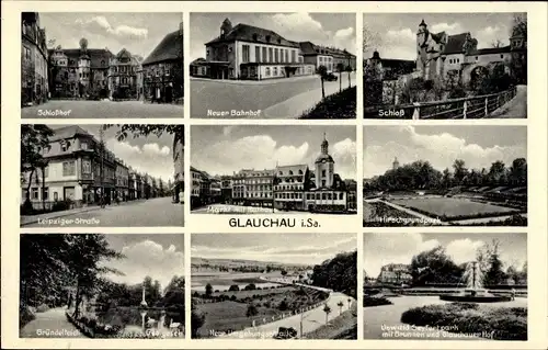 Ak Glauchau an der Zwickauer Mulde in Sachsen, Schloßhof, Neuer Bahnhof, Schloss, Rathaus, Markt