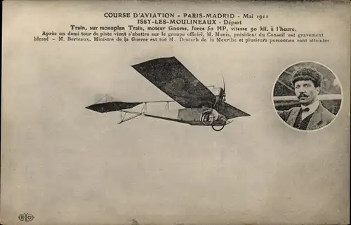Ak Course d'Aviation, Paris Madrid 1911, Train sur Monoplan Train, moteur Gnome