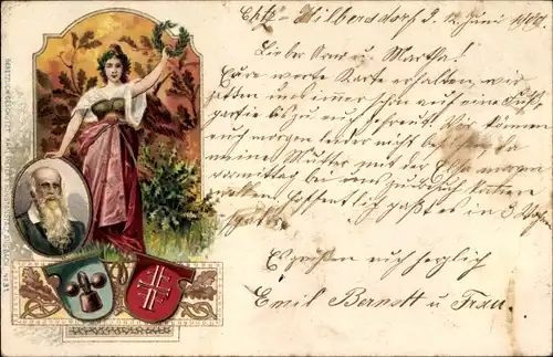 Litho Turnvater Jahn, Wappen, Viktoria mit Siegeskranz, Turnen, Hantel