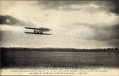 Ak La Conquete de l'Air, Wilbur Wright au Camp d'Auvours 1908, Luftfahrtpionier,Flugzeug in der Luft