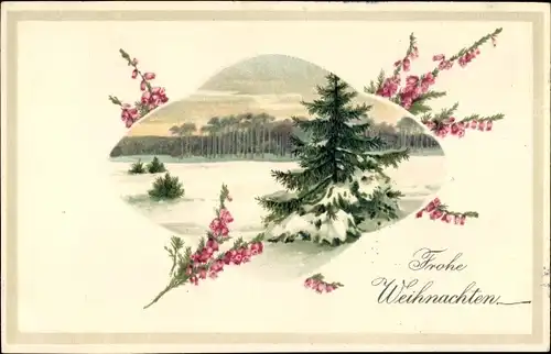 Präge Litho Glückwunsch Weihnachten, Schneebedeckter Tannenbaum in Winterlandschaft
