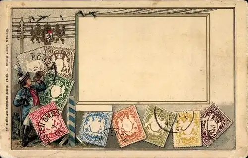 Präge Briefmarken Ak Königreich Bayern, Briefträger mit Posthorn
